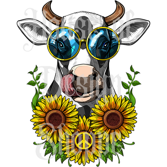 Ready to Press Sublimation Transfers up to 13"x19" Hippie Cow with Sunflowers