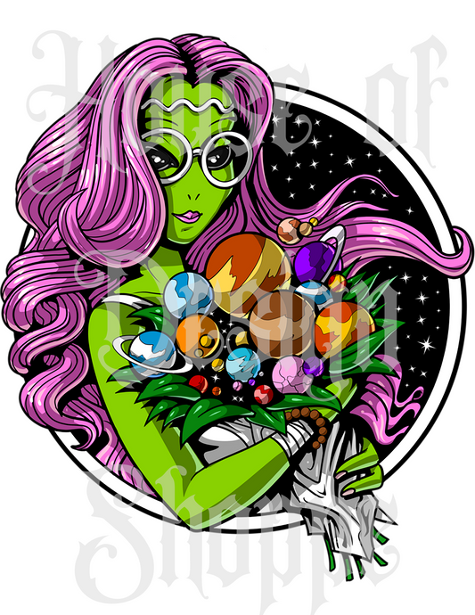 Ready to Press Sublimation Transfers up to 13"x19" Alien Girl w/ Planet Bouquet